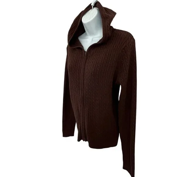 Womens Brown Ribbed Cable Knit Hooded Sweater Small Zip Dark Academia 90s Y2K - Picture 3 of 9